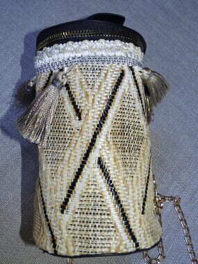 Woven Straw Cylinder Bucket Bag Tassel Boho Mini Crossbody Gold Chain